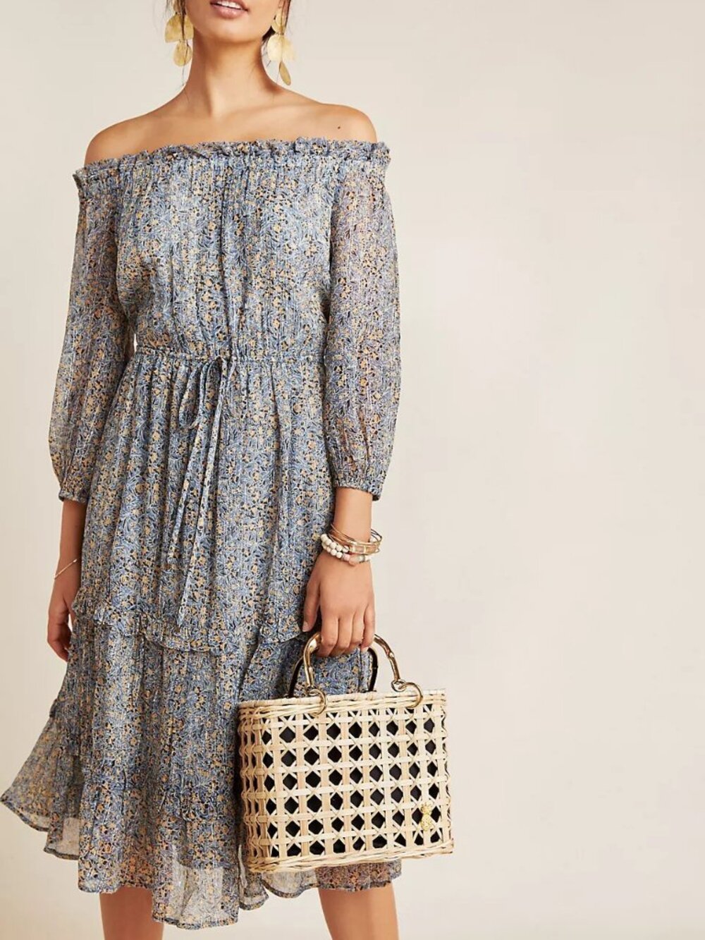 Anthropologie Off-Shoulder Midi Dress in Blue Floral